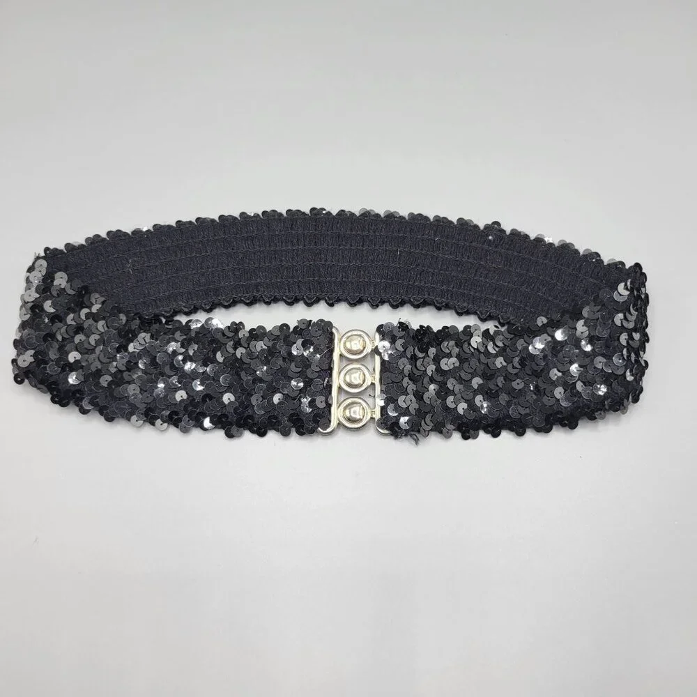 Vintage Black Sequin Elastic Stretch Belt Metal Clasp Closure Clubwear - Picture 1 of 6